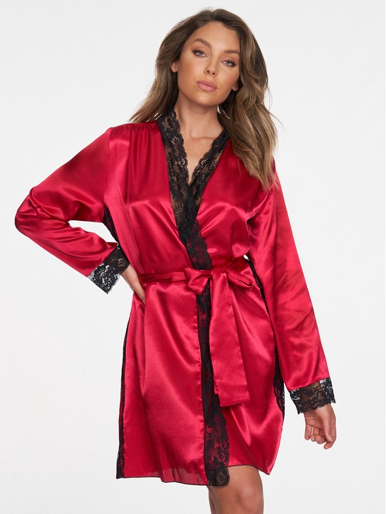 Aspen Mae Satin And Lace Robe-Barberry/Black / S