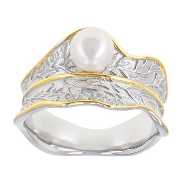 White Cultured Freshwater Pearl 6mm Rhodium & 18k Yellow Gold Over Sterling Silver Ring