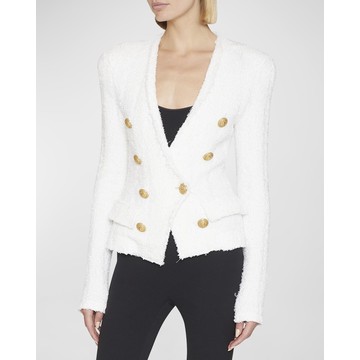 Collarless 8-Button Tweed Blazer Jacket