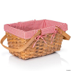 Big Mo's Toys Picnic Basket - Woven Natural Woodchip Wicker Basket with Double Handles and Red and White Gingham Blanket Lining