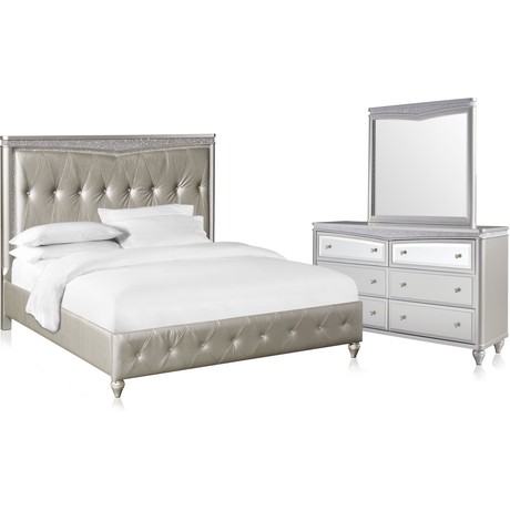 Posh 5-Piece Upholstered Bedroom Set with Dresser and Mirror