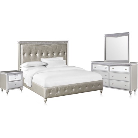 Posh 6-Piece Upholstered Bedroom Set with Nightstand, Dresser and Mirror